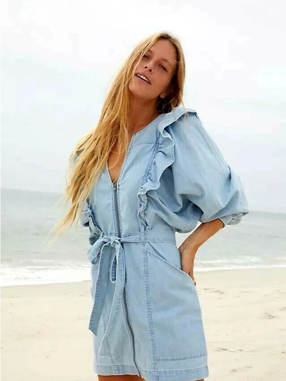 Free People Light Blue Denim Ruffle Mini Dress with Tie Waist